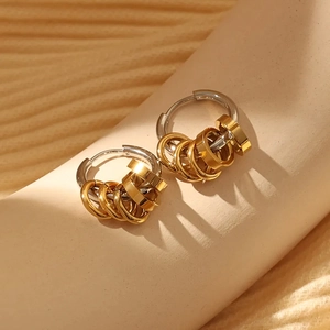Minimalist 18K gold and silver two-tone stainless steel earrings with multi-ring charms