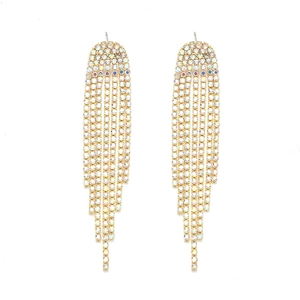 Elegant long gold tassel earrings featuring high-density AB colorful rhinestone inlay