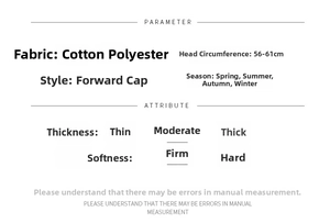 Flat cap specifications chart showing 56-61cm circumference and material attributes
