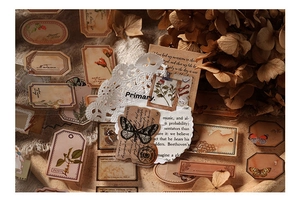 Detailed close-up of vintage PET stickers featuring botanical and retro music elements