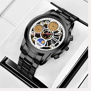 Detailed close-up of hollow dial quartz watch with visible golden gears and moon phase