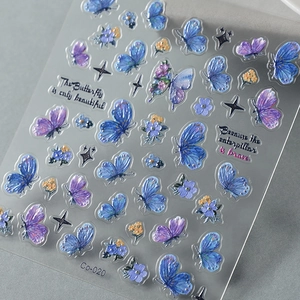 3D embossed translucent jelly butterfly nail art stickers with blue floral accents