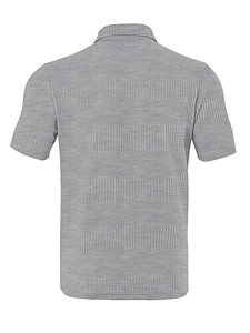 Rear view detail of men's grey polo shirt featuring premium textured jacquard knit fabric