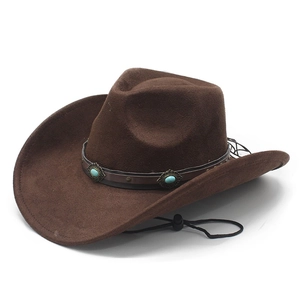 Dark brown suede western cowboy hat with turquoise band and adjustable chin strap