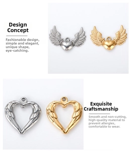 Polished stainless steel heart wing and hollow heart pendants in gold and silver