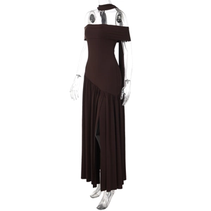 Detail of deep brown off-shoulder maxi dress with halter collar and high slit design