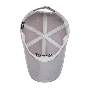 Inside view of grey quick-dry baseball cap featuring sweatband and adjustable metal strap