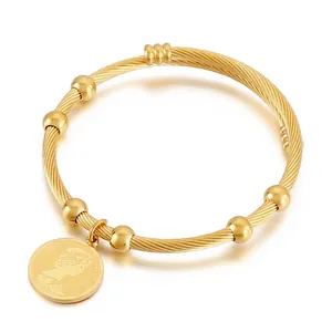 Stainless Steel Cable Twisted Wire Bangle With Queen Coin Pendant Beads Open Adjustable Vintage Minimalist Bracelet For Women