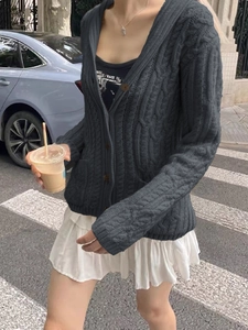 Women's deep grey cable knit button-down cardigan sweater with V-neck for autumn style