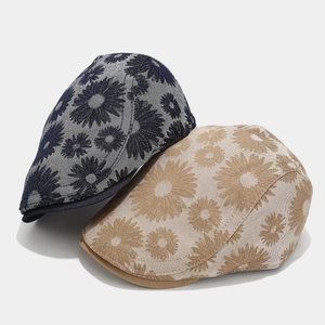 Retro daisy floral octagonal caps in navy and beige colors from a 45-degree angle