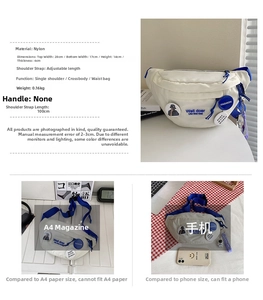 Nylon white chest bag with blue zipper showing size comparison with A4 magazine