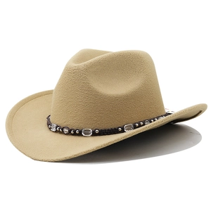 Detail of camel wool felt cowboy hat featuring a braided band with crystal beads decoration