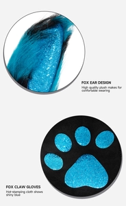 Détails d'oreilles de renard en peluche bleue et gants de pattes métalliques pour cosplay