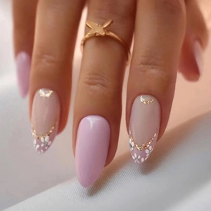 French Tip Press On Nails Purple Almond Fake Nails With White Flower Gold Glitter Edge Elegant Long Manicure For Women