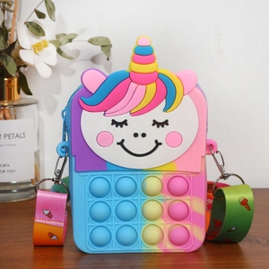 Detail of macaron gradient unicorn silicone pop it bag with adjustable fabric strap