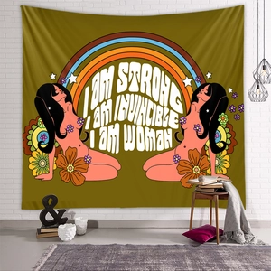 Detailed retro wall tapestry showing a quote with flowers on a white brick wall