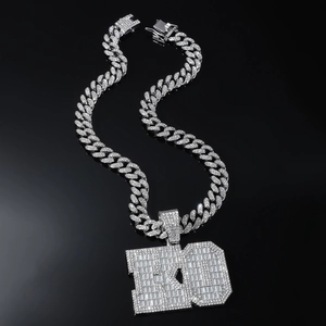 Iced out silver cuban link chain with square RD letter pendant and sparkling diamonds