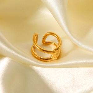 Macro detail of gold-plated stainless steel double-layered ring on white silk background