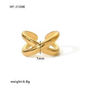 18k gold plated stainless steel criss cross ring with geometric open design