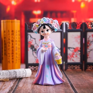 Detailed view of the resin figurine wearing a purple hanfu with a delicate flower basket