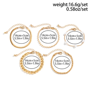 Detailed set of five gold-plated bracelets including snake and pearl chains with dimensions