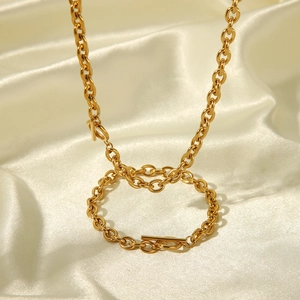 Stainless Steel Chunky Chain Necklace Bracelet Anklet Jewelry Set With OT Toggle Clasp Trendy Gold Plated Non Fading
