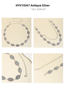 Detailed views of antique silver bohemian metal chain belt with embossed floral patterns