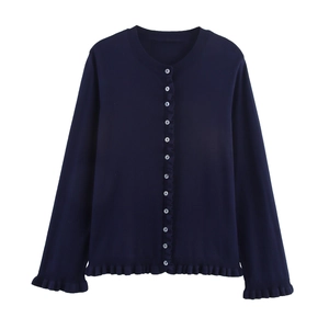 Gilet en maille bleu marine pour femme avec détails à volants et fermeture boutonnée