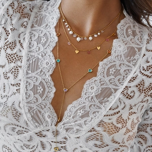 Layered 16K gold-plated Y-necklace set with colorful heart zircons and pearls