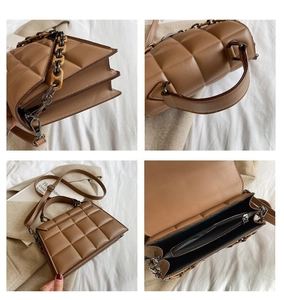 Quilted caramel handbag with chain handle showing multiple angles and interior compartments