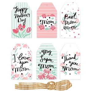 Detailed set of 6 floral Happy Mother's Day gift tags with natural jute twine