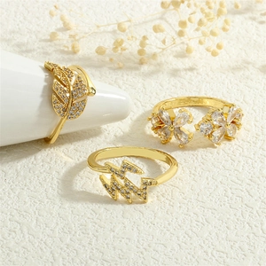 Three-piece gold plated brass ring set with maple leaf and floral zircon patterns