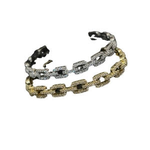 Elegant gold and silver open bangles with full pavé crystals and geometric chain link design