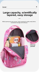 Pink school backpack featuring large capacity interior and purple rabbit heart patterns