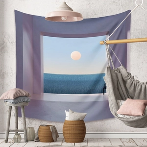Macro scene of a surreal bohemian tapestry with lavender arches and a blue meadow scenery
