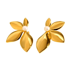Boucles d'oreilles feuilles dorées élégantes avec perle blanche pour femme style épuré