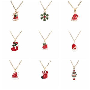 Christmas Pendant Necklace Alloy Enamel Rhinestone Snowflake Santa Reindeer Tree Bell Jewelry Holiday Gift Women Girls