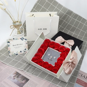 Cardboard Jewelry Packaging Case With Soap Roses And Pink Satin Ribbon Bow Including Tote Bag And Greeting Card