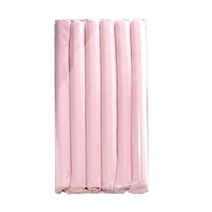 Detailed view of six pink satin heatless hair curlers organized in a clear plastic pack