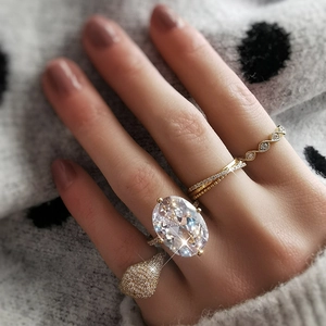 Exaggerated S925 silver 18K gold plated rings set featuring oval-cut center stone for women