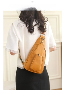 Detailed back view of model wearing a yellow PU leather crossbody bag with patterned strap