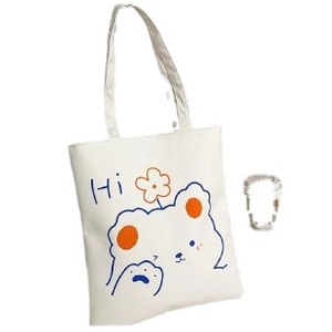 White canvas tote bag featuring a cute blue line cartoon bear print with orange ears