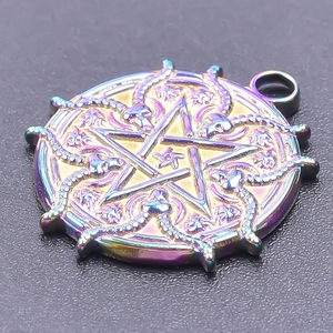 Macro view of pentagram skeleton snake pendant with iridescent 18k plating finish