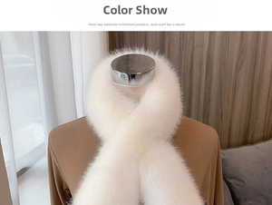 Detail shot of the plush white faux fox fur cross-collar scarf with thick fluffy texture