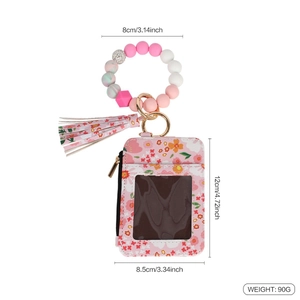 Detailed size specifications for pink floral card holder wallet with beaded wristlet keychain