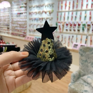 Halloween mini pointed hat hair clip with gold sequins, black stars and mesh tulle detail