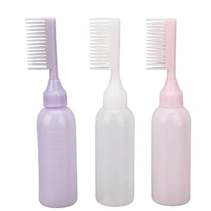 Three plastic hair dye applicator bottles with comb heads in purple, clear and pink