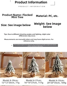 Size chart for flocked Christmas trees with dimensions and weights for three heights