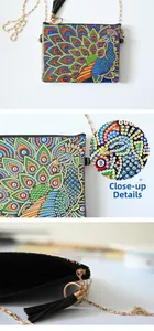 Detailed macro view of peacock diamond painting bag with gold chain and zipper closure