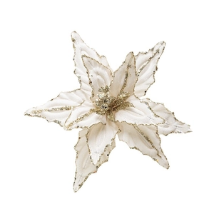 Off-white velvet artificial poinsettia with golden glitter edges for Christmas tree decor